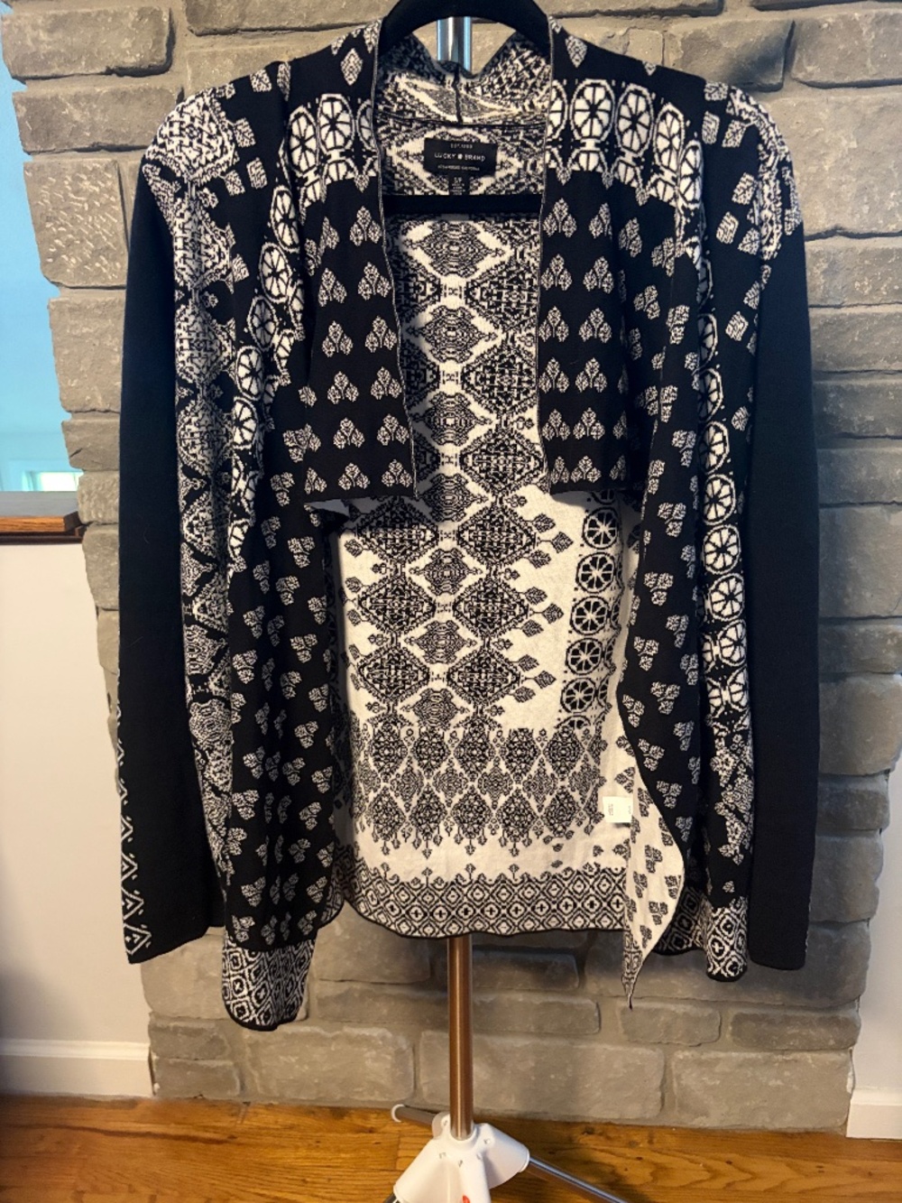 Lucky Brand Black & White Aztec Print Open Cardigan Boho 100% Cotton Size Small